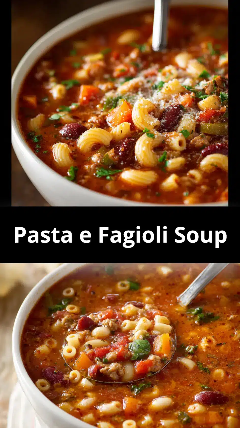 Pasta e Fagioli Soup recipe, served and ready to eat, easy homemade dinner