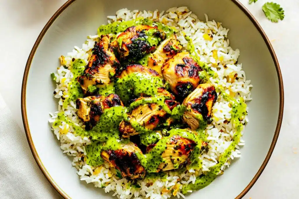 Peruvian Chicken and Rice Green Sauce recipe, served and ready to eat, easy homemade dinner