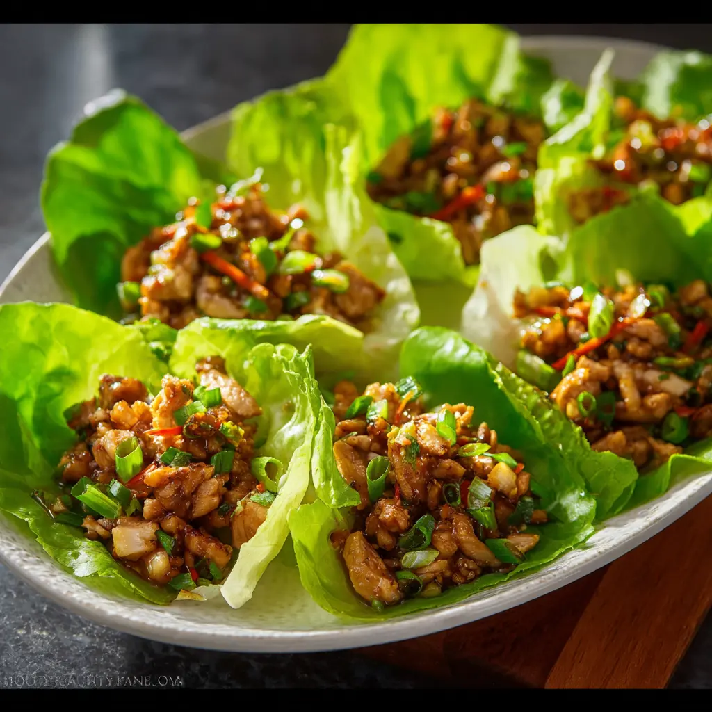 PF Chang Chicken Lettuce Wraps recipe, served and ready to eat, easy homemade dish
