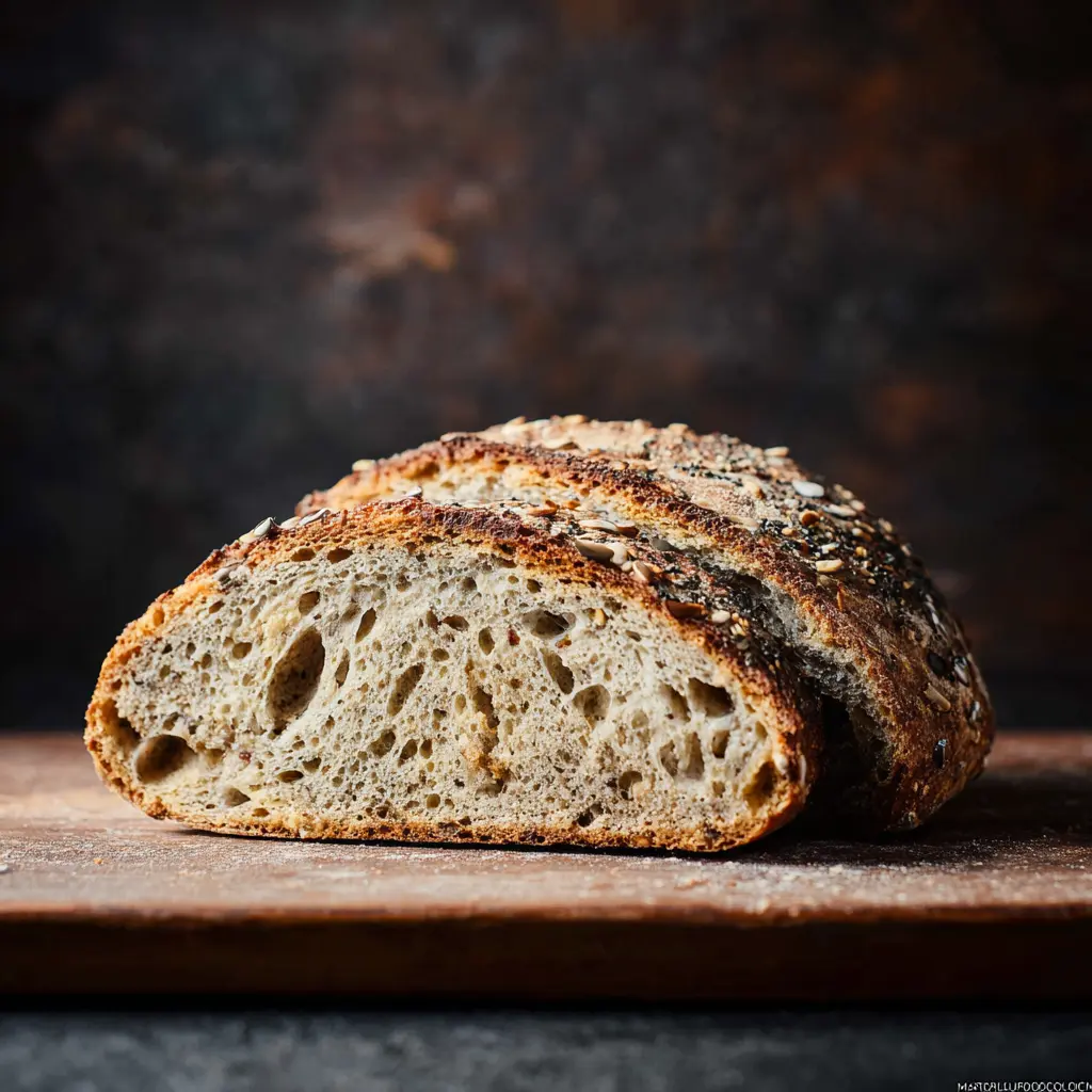 Seeded multigrain sourdough bread loaf with seeds on top, sliced and ready to serve
