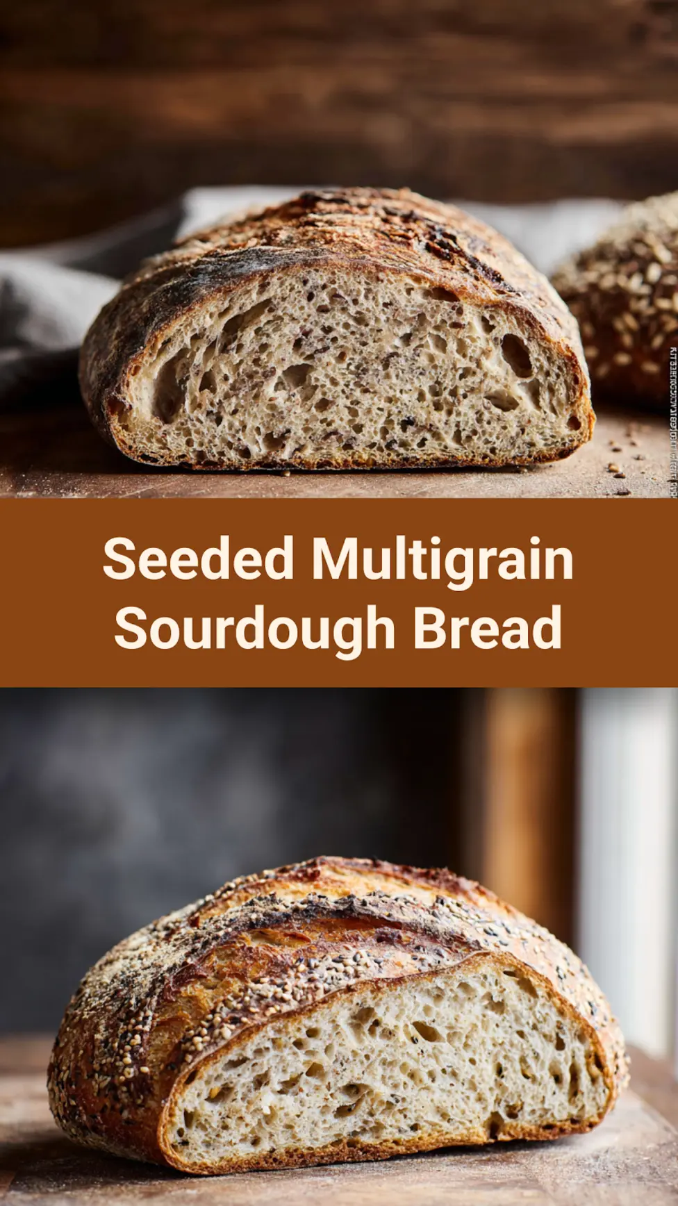 Seeded multigrain sourdough bread pinnable image showing the finished loaf with a golden crust and seeds
