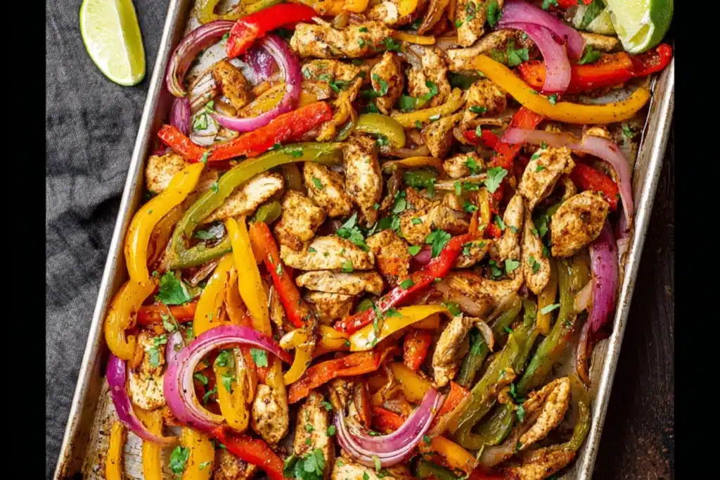 Sheet Pan Chicken Fajitas recipe, served and ready to eat, easy homemade dinner