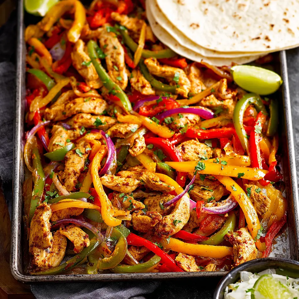 Sheet Pan Chicken Fajitas recipe, served and ready to eat, easy homemade dinner
