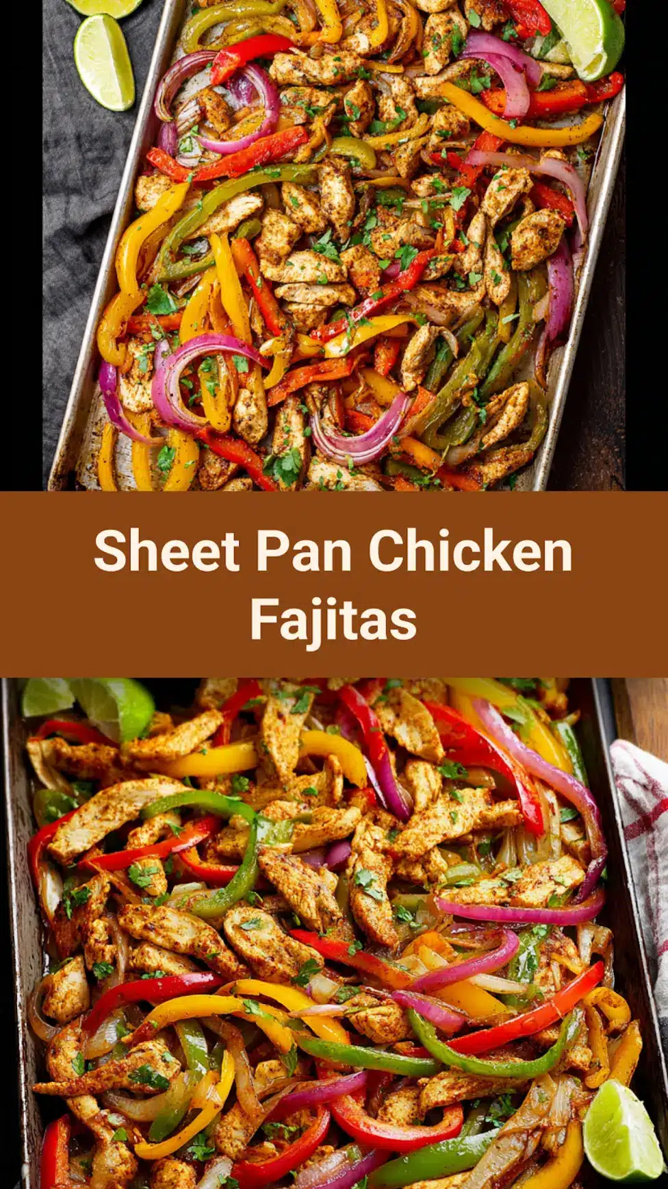 Sheet Pan Chicken Fajitas recipe, served and ready to eat, easy homemade dinner