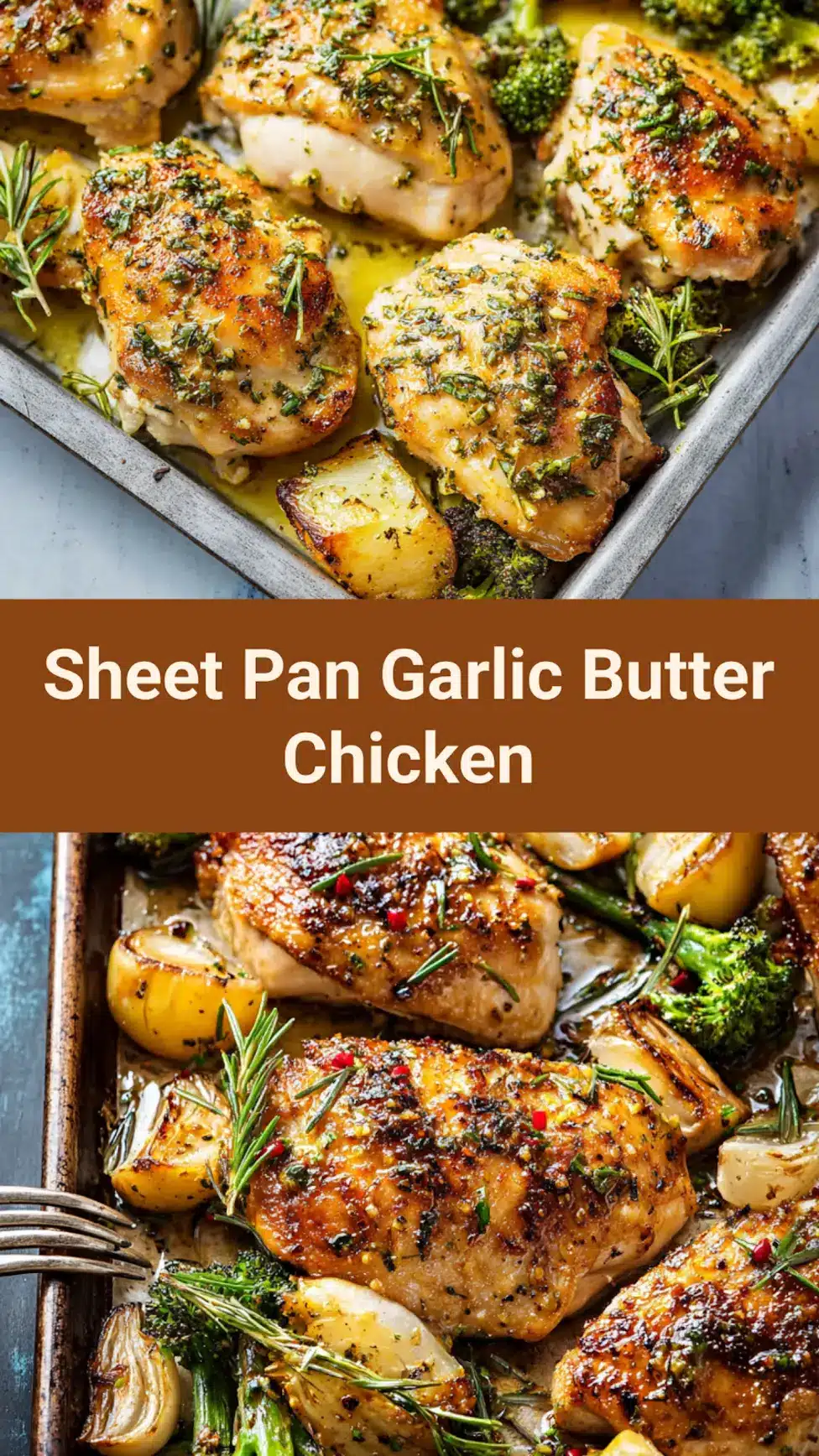 Sheet Pan Garlic Butter Chicken recipe, served and ready to eat, easy homemade dinner