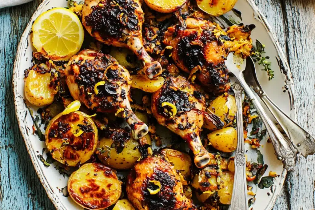 SHEET PAN LEMON CHICKEN AND POTATOES recipe, served and ready to eat, easy homemade dinner
