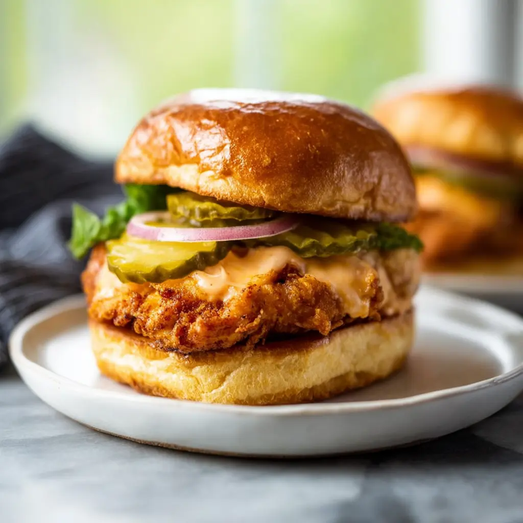 Spicy Air Fryer Chicken Sandwich recipe, served and ready to eat, easy homemade dish