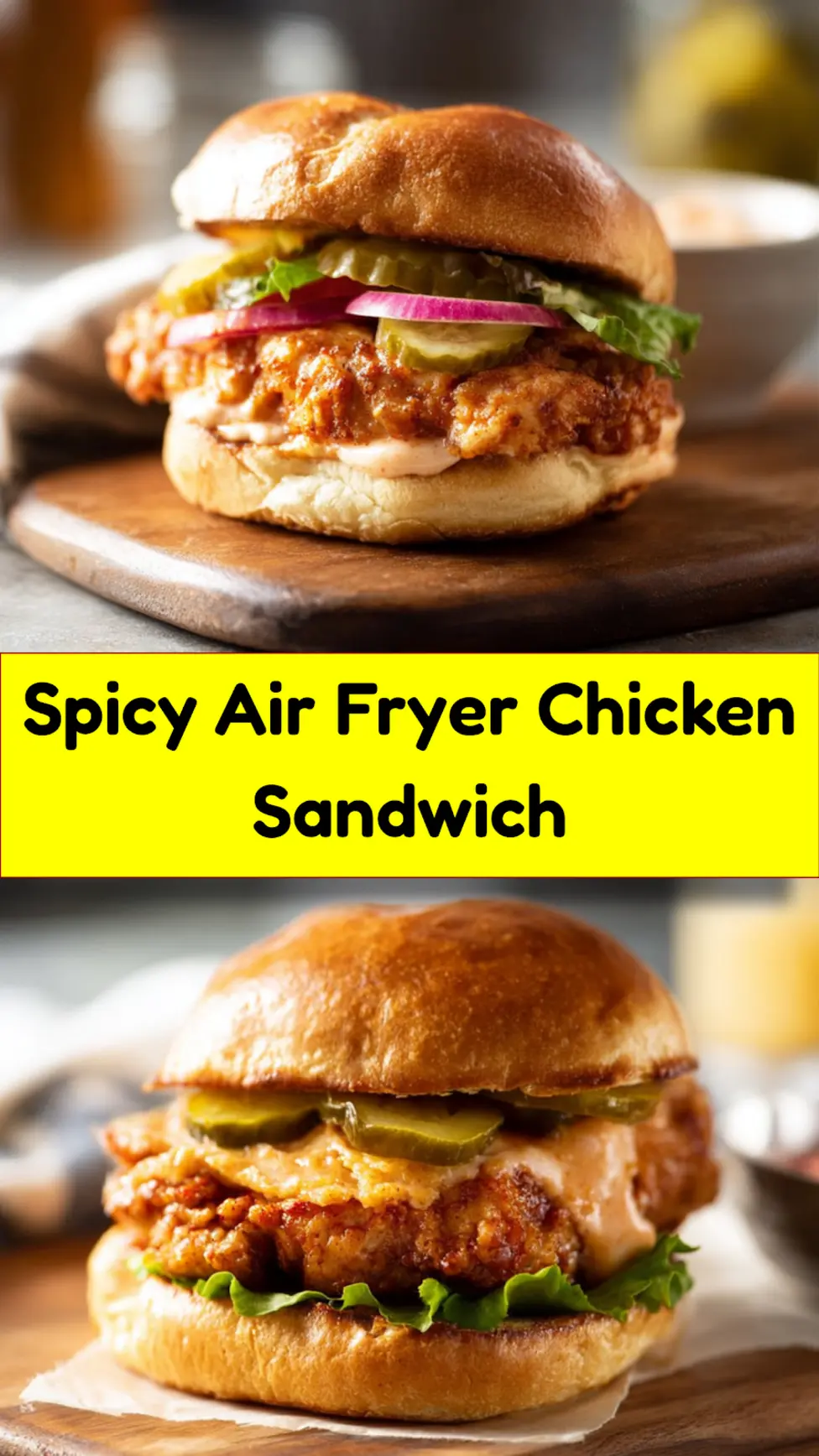 Spicy Air Fryer Chicken Sandwich recipe, served and ready to eat, easy homemade dish_pin