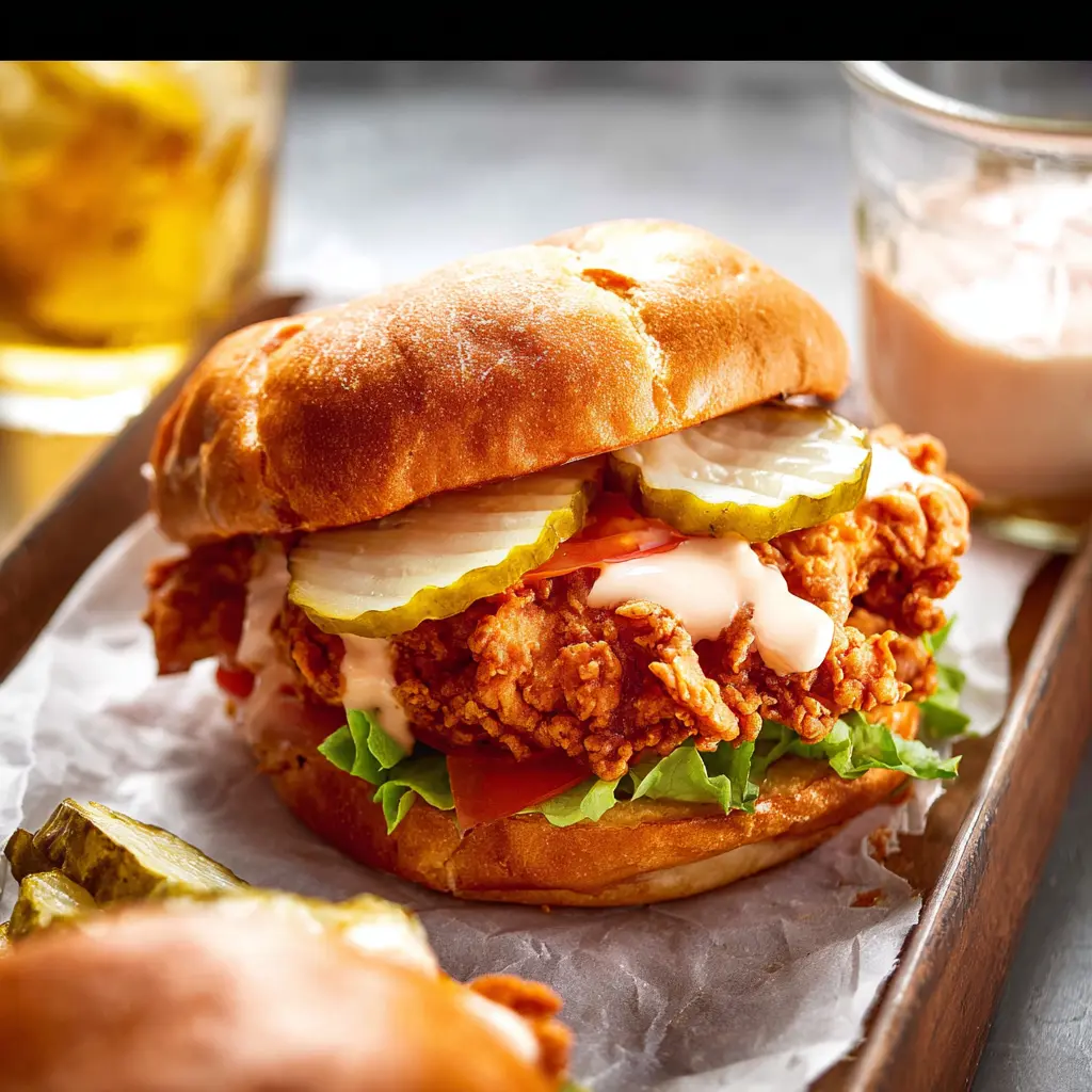 Spicy copycat Popeyes chicken sandwich served on a brioche bun with pickles and spicy mayo, ready to eat