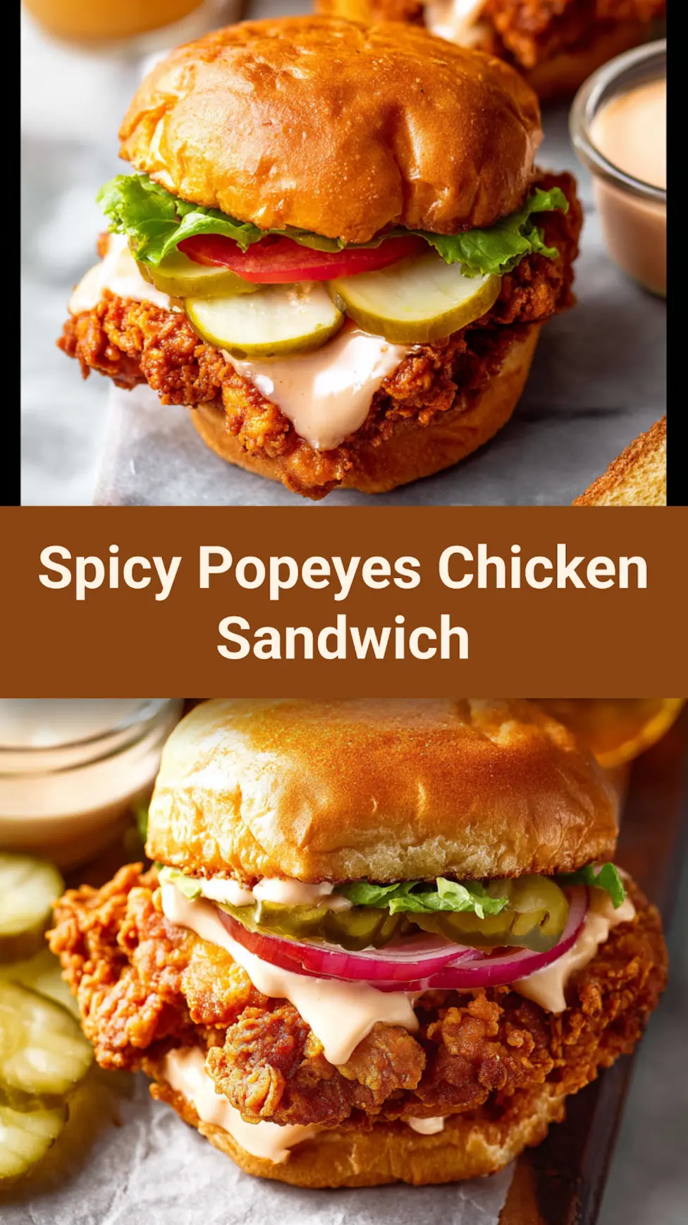 Spicy copycat Popeyes chicken sandwich recipe pin  crispy fried chicken on a brioche bun with pickles and spicy mayo