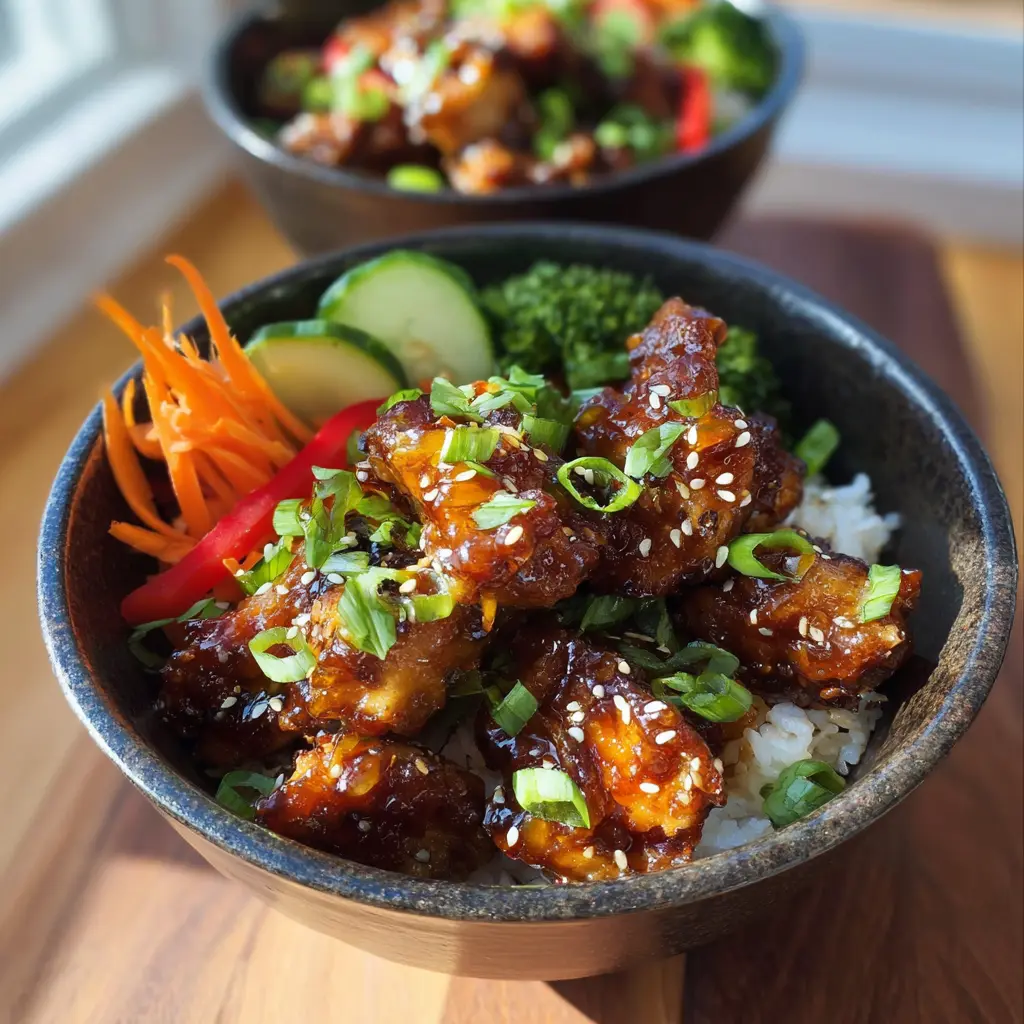 Sticky chicken bowls served and ready to eat, easy homemade weeknight dinner