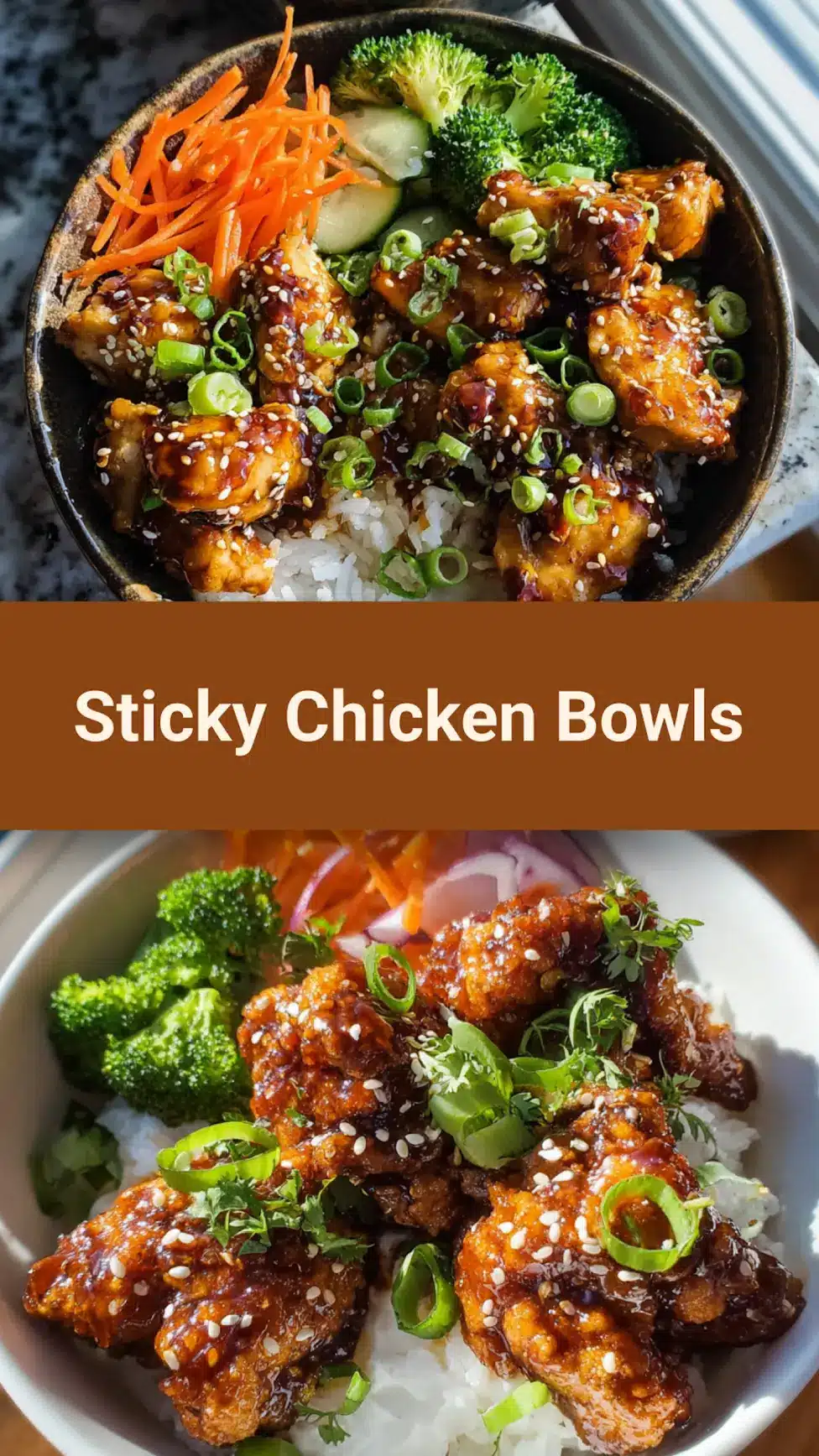 Sticky chicken bowls recipe served and ready to eat, easy homemade dinner pin