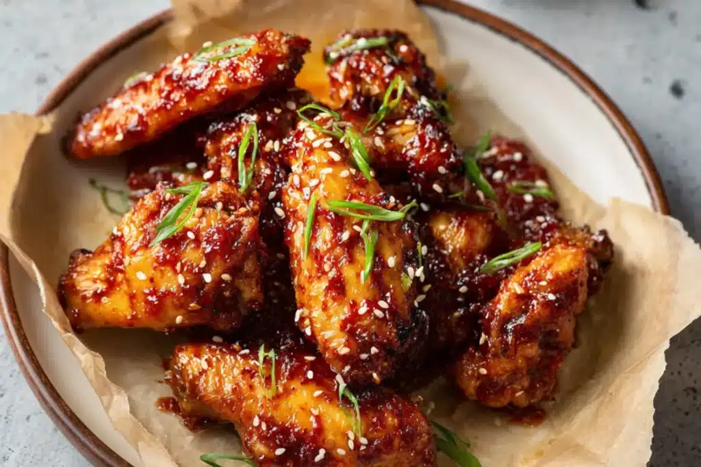 Sticky Honey Sriracha Air Fryer Chicken Wings recipe, served and ready to eat, easy homemade dinner