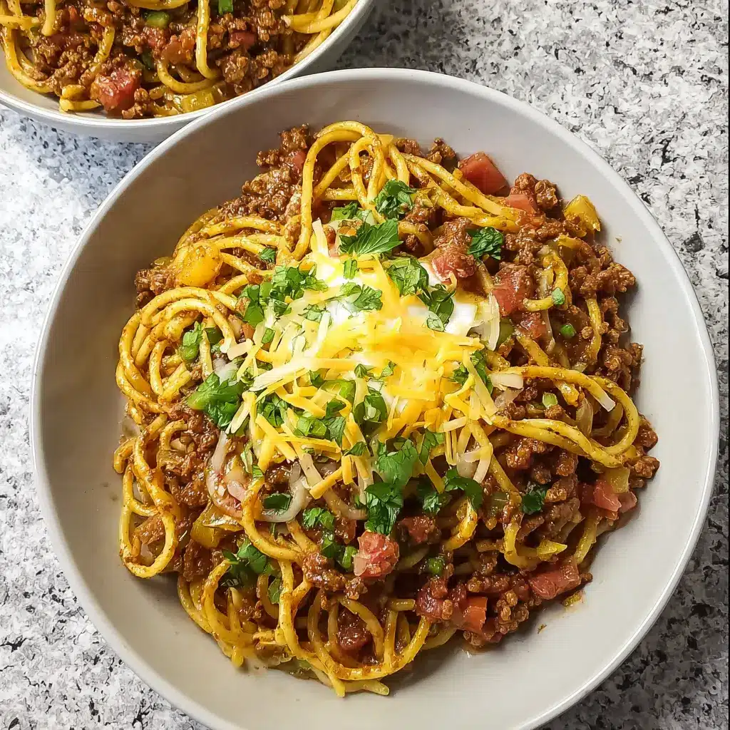 TikTok Cowboy Spaghetti recipe, served and ready to eat, easy homemade dinner