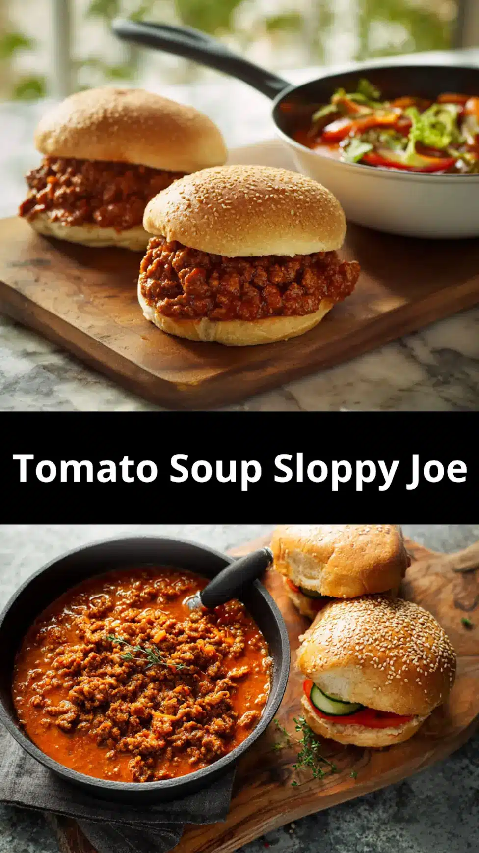 Tomato Soup Sloppy Joe recipe pin  easy homemade dinner served on a bun