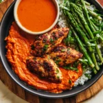 Air Fryer Chicken Romesco recipe, served and ready to eat, easy homemade dish