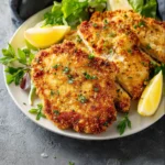 Air Fryer Chicken Schnitzel recipe, served and ready to eat, easy homemade dish