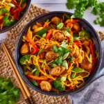 Air Fryer Chicken Stir Fry Noodles recipe, served and ready to eat, easy homemade dish