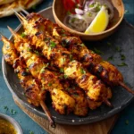 Air Fryer Chicken Tikka Skewers recipe, served and ready to eat, easy homemade dish