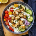 Air Fryer Chicken Tzatziki Bowl recipe, served and ready to eat, easy homemade dish
