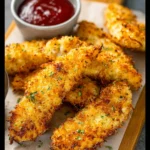 Air Fryer Coconut Chicken Strips recipe, served and ready to eat, easy homemade dish