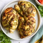 Air Fryer Pesto Chicken recipe, served and ready to eat, easy homemade dish