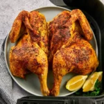 Air Fryer Spatchcock Chicken recipe, served and ready to eat, easy homemade dish