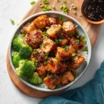 Air Fryer Teriyaki Salmon Bites recipe, served and ready to eat, easy homemade dish