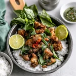 Air Fryer Thai Basil Chicken recipe, served and ready to eat, easy homemade dish