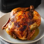 Air Fryer Whole Chicken recipe, served and ready to eat, easy homemade dish