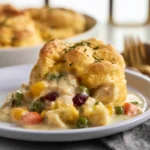 Cranberry Chicken Pot Pie Biscuit recipe, served and ready to eat, easy homemade dish
