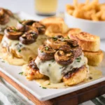 Mushroom Swiss Chicken recipe, served and ready to eat, easy homemade dish