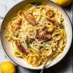 One Pan Lemon Butter Chicken Pasta recipe, served and ready to eat, easy homemade dish