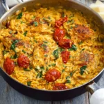 One Pan Marry Me Chicken Orzo recipe, served and ready to eat, easy homemade dish