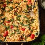 One Pan Parmesan Chicken Orzo recipe, served and ready to eat, easy homemade dish