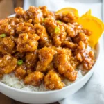 Orange Chicken Copycat recipe, served and ready to eat, easy homemade dish