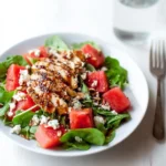 Watermelon Chicken Salad recipe, served and ready to eat, easy homemade dish