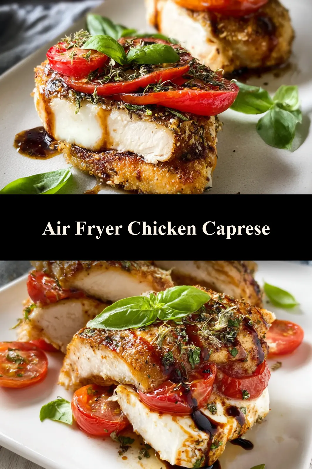 Air Fryer Chicken Caprese stuffed with fresh mozzarella, tomato, and basil, finished with a balsamic drizzle