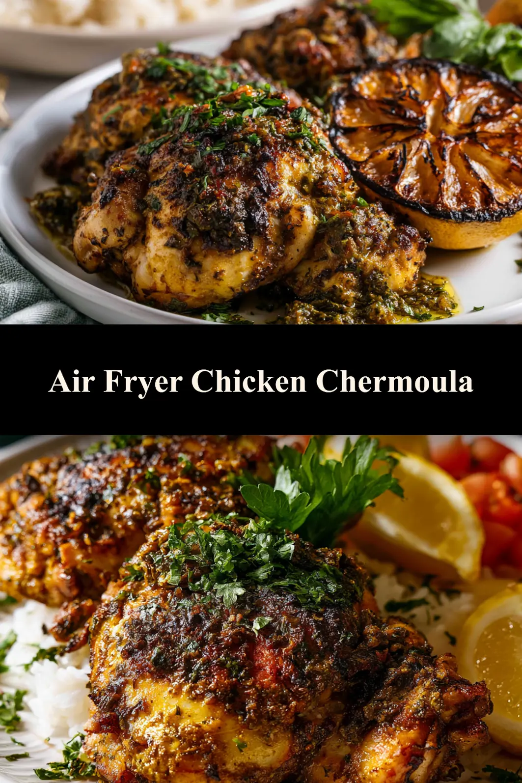 Air Fryer Chicken Chermoula recipe pin  bold North African flavors, easy weeknight dinner