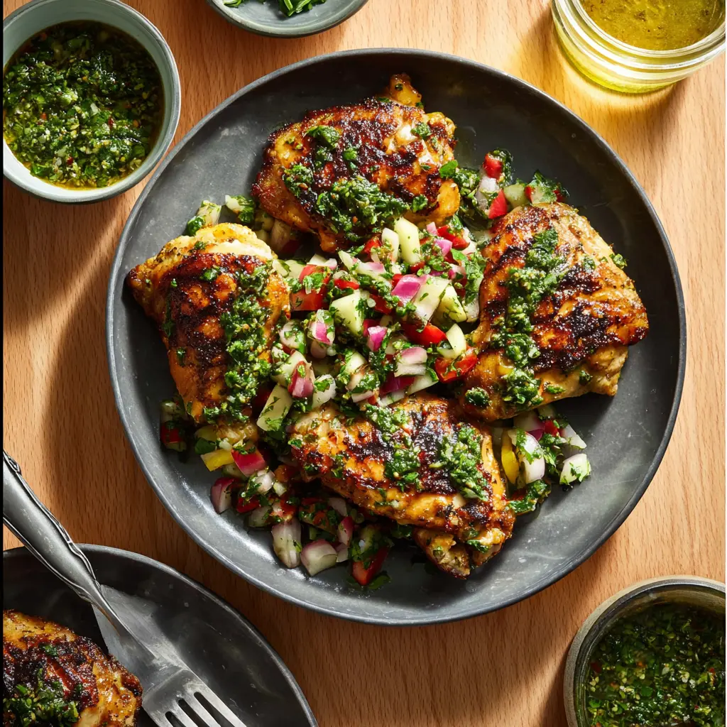 Air Fryer Chicken Chimichurri served and ready to eat, with golden crispy skin and fresh green chimichurri sauce