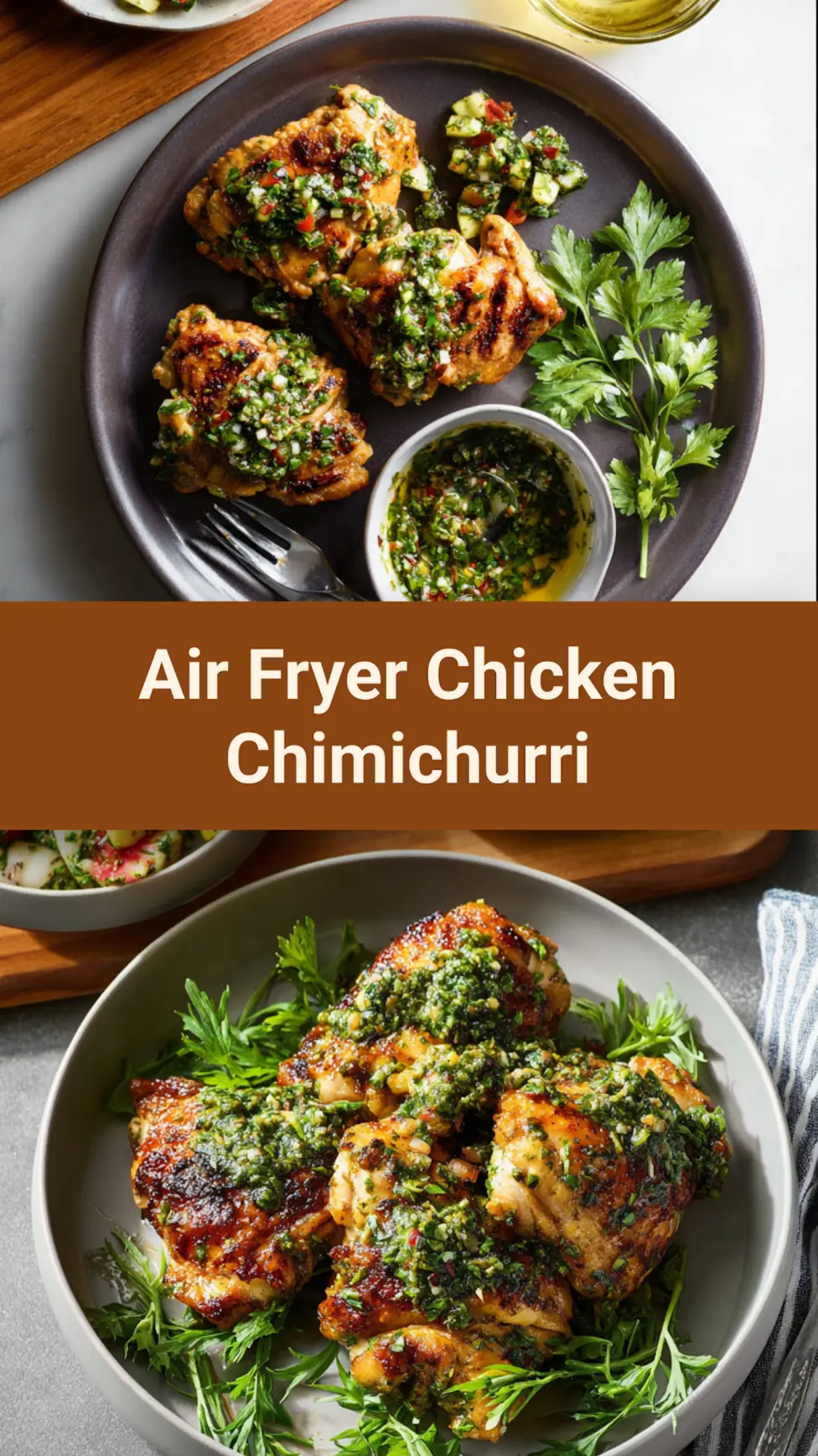 Air Fryer Chicken Chimichurri pinnable image showing crispy chicken thighs topped with fresh green chimichurri sauce