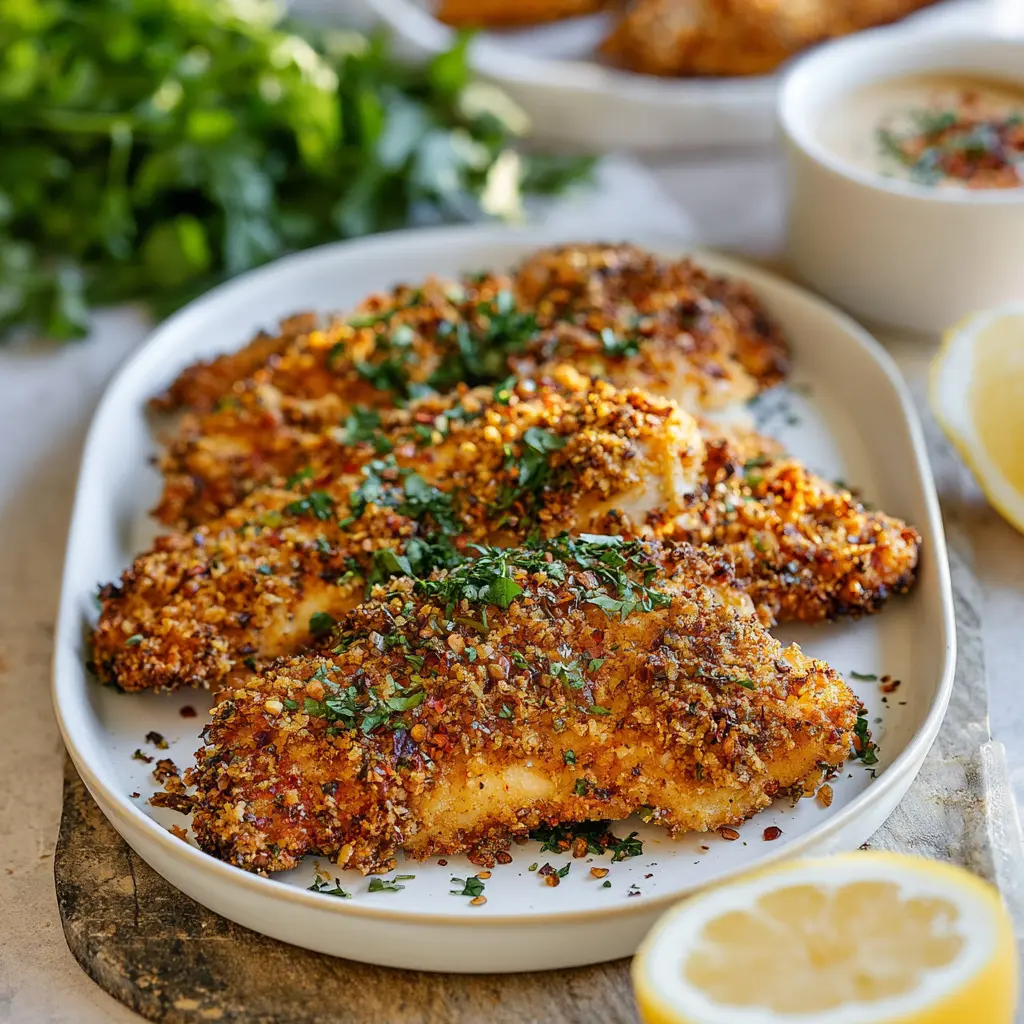 Air Fryer Chicken Dukkah Satisfying New Way to Make Dinner Real 6 Air Fryer Chicken Dukkah served on a plate with tahini dip, golden dukkah crust, garnished with fresh parsley