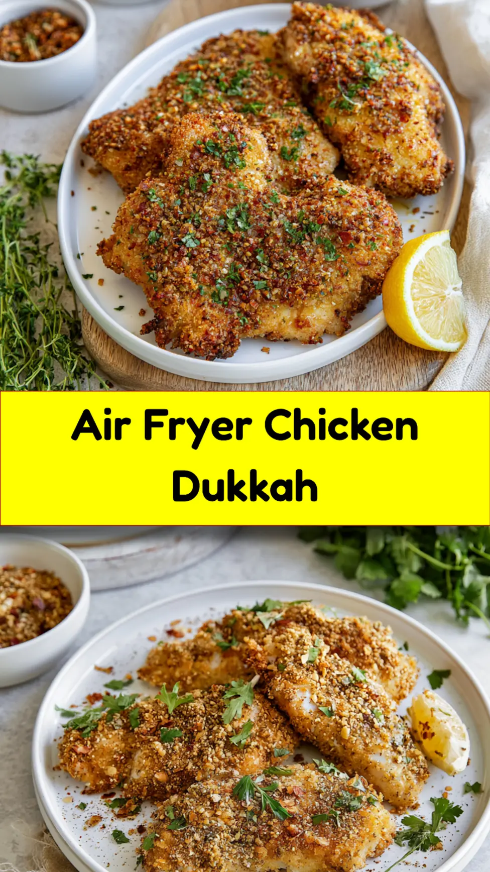 Air Fryer Chicken Dukkah Satisfying New Way to Make Dinner Real 7 Air Fryer Chicken Dukkah recipe pin showing golden dukkah-crusted chicken with tahini dip and fresh parsley