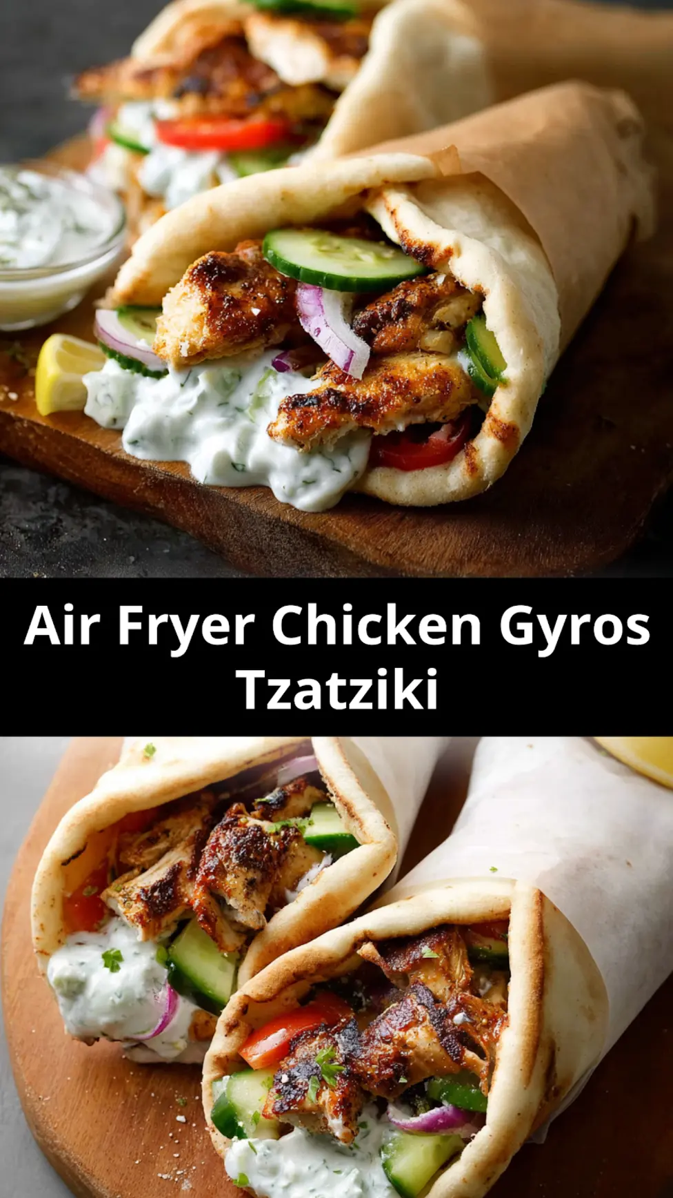 Air Fryer Chicken Gyros Tzatziki recipe, served and ready to eat, easy homemade dish_pin