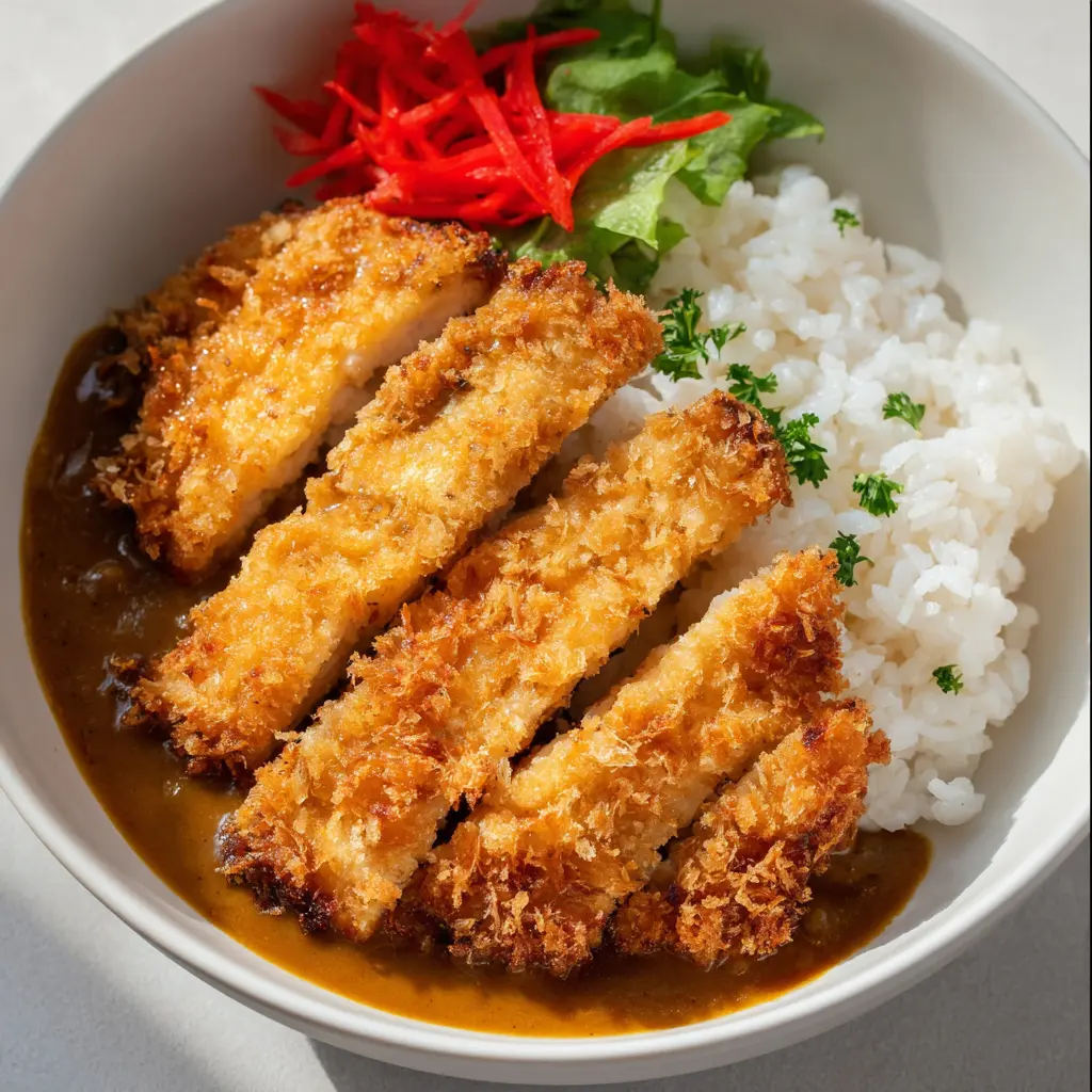 Air Fryer Chicken Katsu Curry Satisfying Crispy Dinner Your Family Will Love 6 Air Fryer Chicken Katsu Curry served over steamed rice with katsu sauce and red pickled ginger