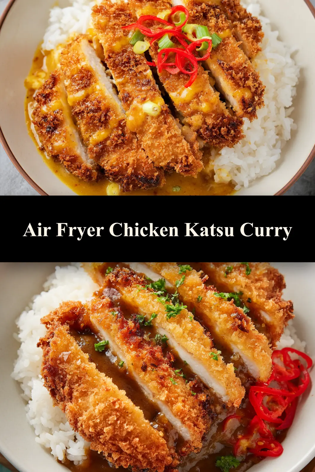 Air Fryer Chicken Katsu Curry Satisfying Crispy Dinner Your Family Will Love 7 Air Fryer Chicken Katsu Curry pinnable image crispy panko chicken served over rice with katsu sauce