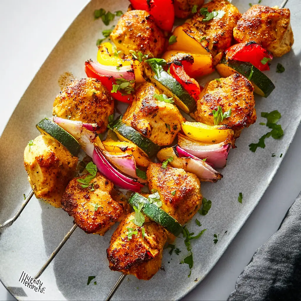 Air Fryer Chicken Kebabs served and ready to eat, made in the air fryer with colorful vegetables