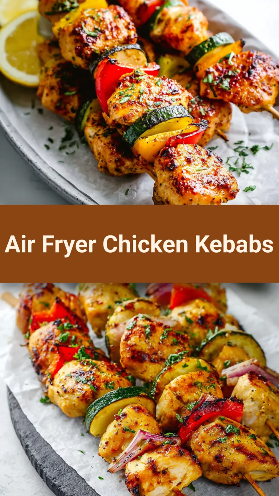 Air Fryer Chicken Kebabs pinnable image showing finished skewers with colorful vegetables, easy homemade dinner