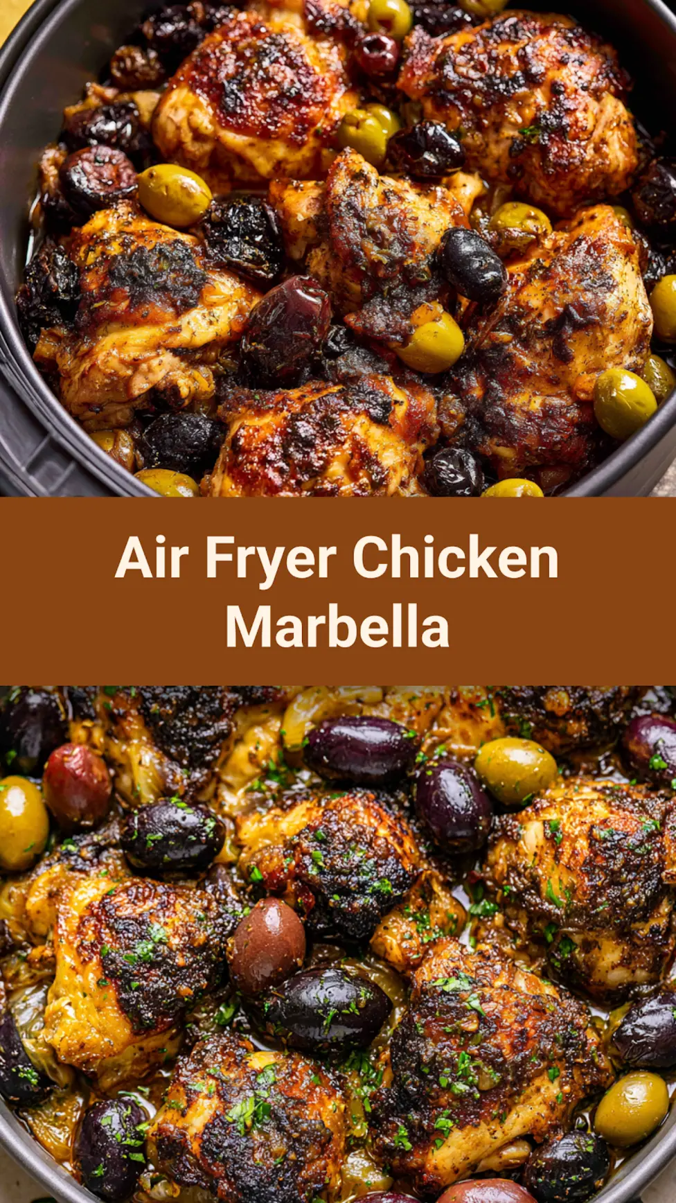 Air Fryer Chicken Marbella recipe, served and ready to eat, easy homemade dish