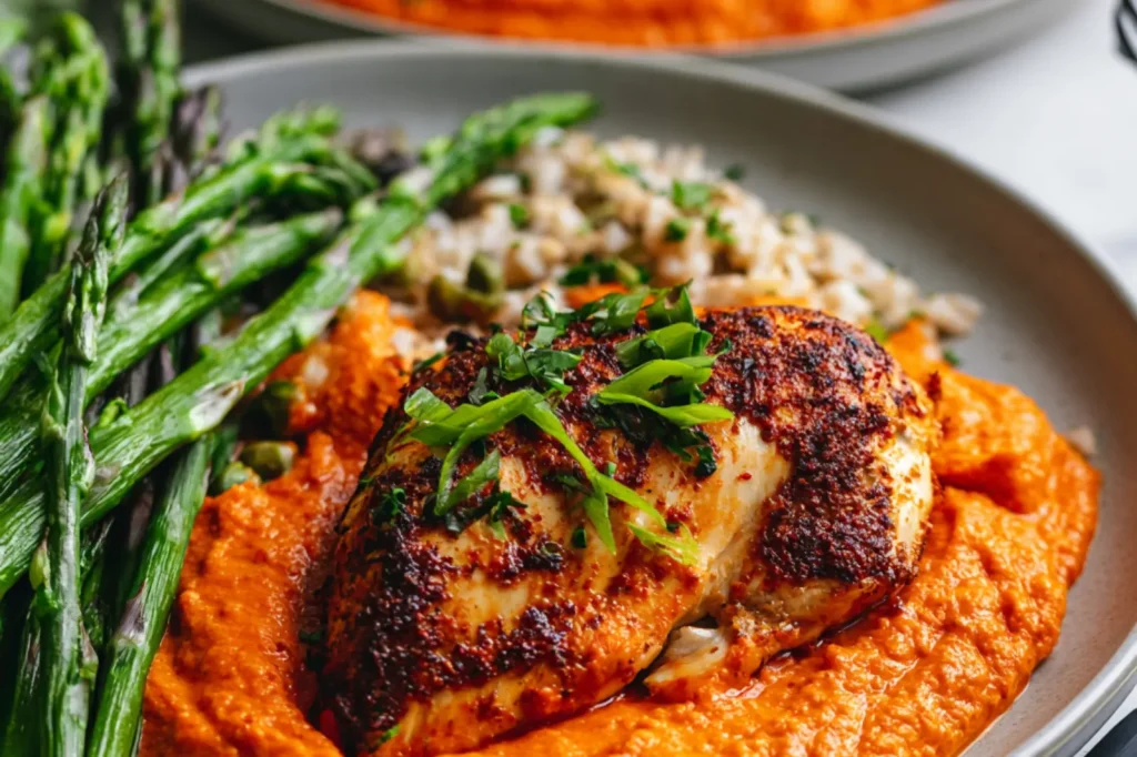 Air Fryer Chicken Romesco recipe, served and ready to eat, easy homemade dish